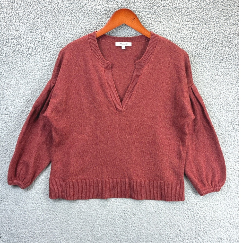 Madewell Wiltshire Split V-Neck Sweater Womens M Red Knit Balloon Sleeve Cozy